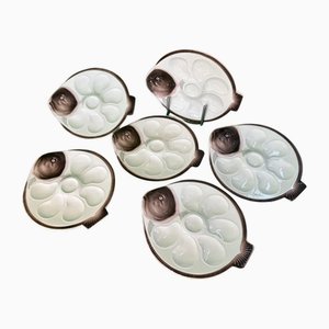 Platos de ostras Copenhague pintados a mano de Longwy, años 70. Juego de 6