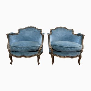 Poltrone Bergère in stile Luigi XV in velluto blu e legno dorato, set di 2
