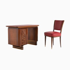 Italienischer Schreibtisch aus geschnitztem Nussholz & Palisander mit passendem Stuhl, 1960er