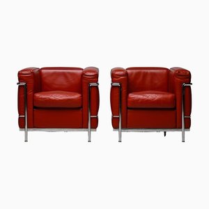 Set de Fauteuils LC2 en Cuir Oxblood par Le Corbusier pour Cassina, 1990s