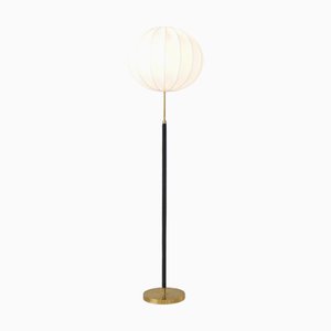 Lampada da terra Mid-Century in ottone e pelle nera di Falkenbergs Belysning, Svezia, anni '60