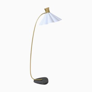 Lampada da terra Mid-Century curva in ottone e pietra, anni '60