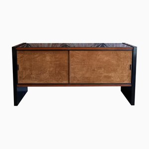 Italian Black Lacquered Wood and Suede Fronted Sideboard, 1940