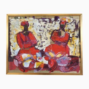 Crimson Conversation Abstract, Oil, Framed