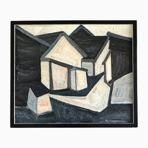 Shadowed Huts All, 1950er, Anthrazit & Leinwand, Gerahmt