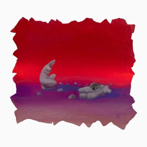 Gozo, Original Textured Acryl Painted Surreal Landscape with Cat on Roman Sculpture, 2025, Acryl