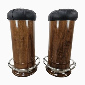 Set of Mid-Century Bar Stools in Black Leather and Walnut, 1970s