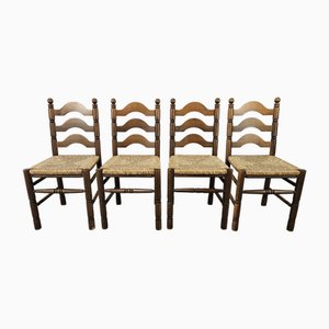 Sillas de comedor de madera con asientos de paja tejida, años 80. Juego de 4