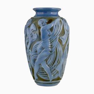 Jarrón Art Déco de cerámica azul con bailarinas de Georges Condé para Mougin Frères, años 30