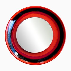 Mediterranean Style Round Glazed Ceramic Art Wall Mirror, 1960s