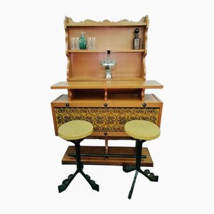 Rustic Bar Cabinet with Stools, 1960s, Set of 3