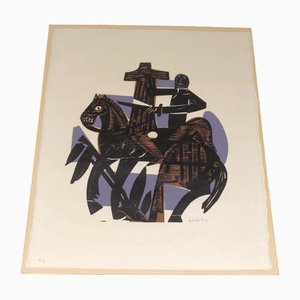 Hap Grieshaber, Hand-Signed Woodcut on Handmade Paper, St. Martin, 1964, Parchment