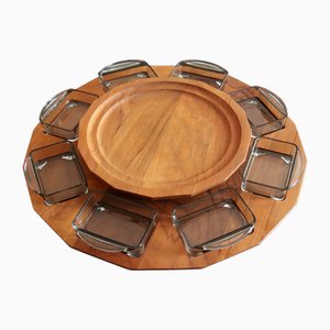 Lazy Susan Rotierendes Holztablett mit 8 Schalen aus Rauchglas, 1960er, 9 . Set