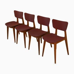 Designer Oak and Red Skai Chairs, 1960s, Set of 4