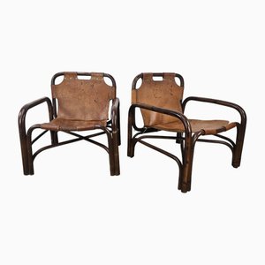 Set of Safari Armchairs in Bamboo and Leather by Tito Agnoli, 1960