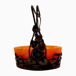 Künstlerische Lunéville Glasschale mit Metallgriff & Blumendekor von Muller Frères, 1930