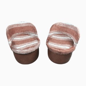 Set of Pouf Chairs in Leather and Soft Synthetic Fur with Container, 1970s