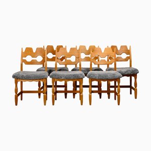 Sillas de comedor Razorblade de lana de cordero y roble de Henning Kjærnulf, años 60. Juego de 6