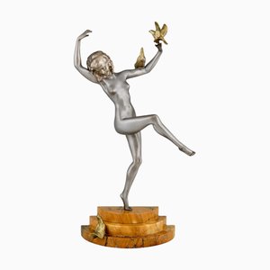 Desnudo Art Déco de bronce y mármol con pájaros de Matto, Marcel Bouraine, Francia, años 30