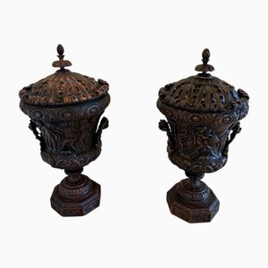 Large Antique Carved Mahogany Urns, 1880s, Set of 2