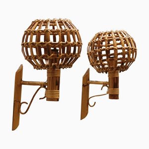 Bamboo and Rattan Lantern Wall Lamps attributed to Louis Sognot, France, 1960s, Set of 2