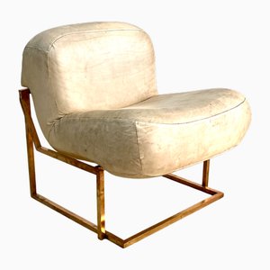 Fauteuil avec Structure en Laiton et Tapisserie d'Ameublement en Cuir, 1970s