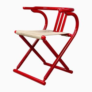Silla plegable italiana posmoderna de madera roja y tela beige, años 80