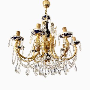 Large Blue Ceramic Chandelier with Crystal Pendants