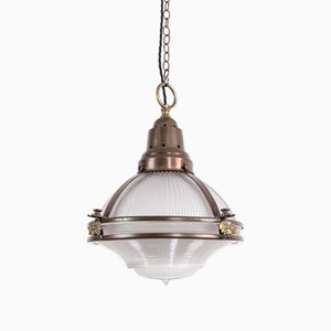 Antique Strapwork Holophane Glass Pendant Light, 1920
