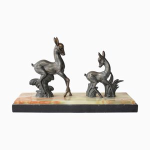 Vintage Art Deco Hirsch Skulptur Zwillings Hirsch Figur auf Marmorsockel