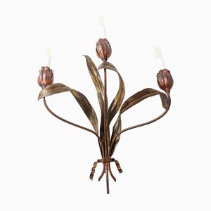 Large Spanish Wall Light with Gilt Iron Leaves and Flowers, 1950s