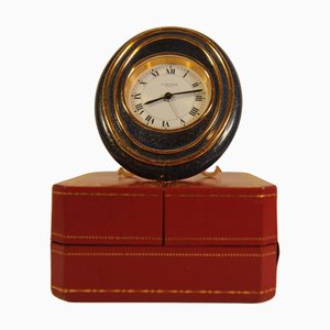 Oval Enamel 8-Day Mechanical Movement Alarm Desk Clock with Leather from Cartier, 1980s, Set of 2