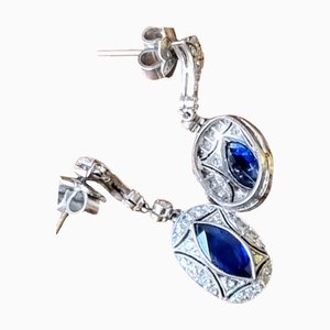 Boucles d'Oreilles Art Déco avec Saphirs Bleus et Diamants Montés en Platine, 1925, Set de 2