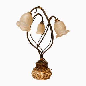 Three Light Lamp with Murano Glass with Metal and Engraved Wood