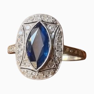 Bague Art Déco avec Saphirs Bleus et Diamants Montés en Platine, 1925