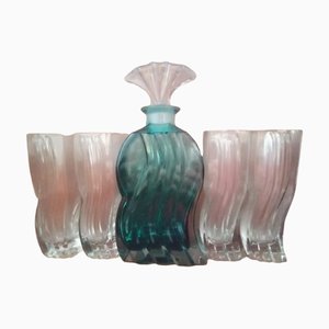 Bottle and Glasses Set with Murano Wave Design, 1970s, Set of 5