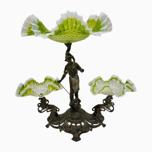Art Nouveau Centerpiece with Opalescent Green Glass Bowls, 1890s