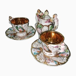 Tea and Coffee Service in Capodimonte Porcelain and Pure Gold, Set of 3