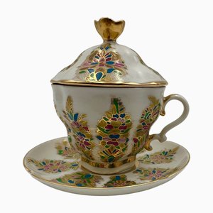 Taza grande con tapa y platillo de Lomonosov Manufactory, 1999. Juego de 2