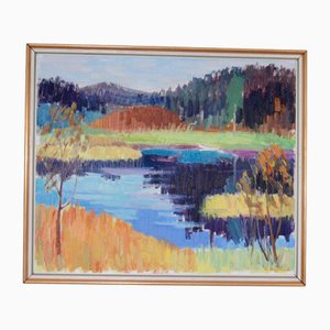 Gustaf Höglund, In riva al lago, anni '60, Olio su tela, con cornice