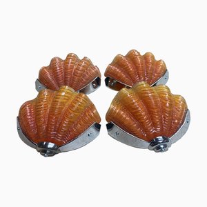 Vintage Art Deco Clam Shell Wall Lights in Blood Orange, 1930s, Set of 4