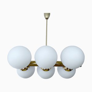 Lampe à Suspension Mid-Century avec Globe en Verre et Laiton de style Stilnovo, 1950s