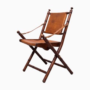 Silla plegable Campaign de cuero coñac, años 50
