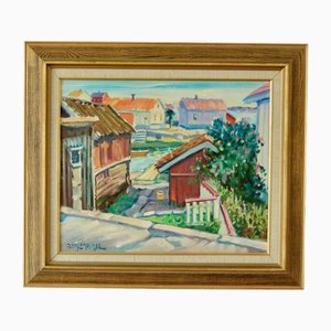 Bruno Palmdahl, Village Scene, 1960s, Huile sur Toile, Encadré