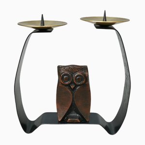 Arts and Crafts Wrought Iron, Brass & Copper-Plated Owl Candleholder, 1890s