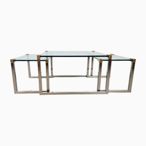 Table Basse et Table d'Appoint Vintage en Laiton et Verre par Peter Ghyczy, 1970s, Set de 3