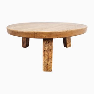 Brutalist Round Oak Coffee Table by Pierre Chapo, 1960s