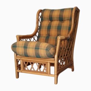 Poltrona vintage in tessuto scozzese, bambù e vimini