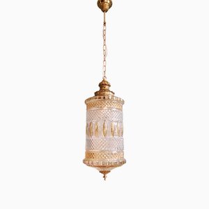 Large Glass and Brass Lantern Pendant Light, 1960s