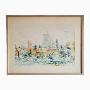 Colourful Mid- Century Drawing of Florence, Framed